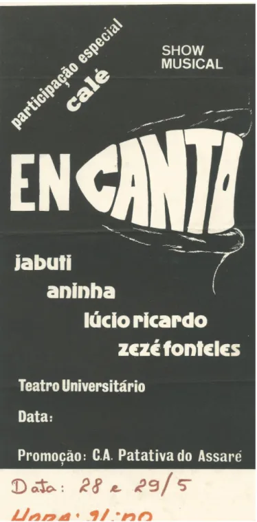 Figura 3: Reprodução digital do cartaz do show Encanto, realizado em 1980 no Teatro Universitário, com  participação de Aninha, Calé Alencar, Jabuti, Lúcio Ricardo e Zézé Fonteles 