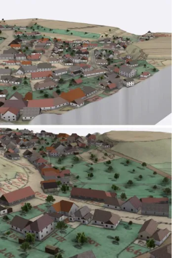 Figure 2. Semi-photorealistic 3D scene based on an old map Although the mentioned data sources are very important for the result and have to be preprocessed thoroughly, the key point is to design an appropriate set of procedural rules