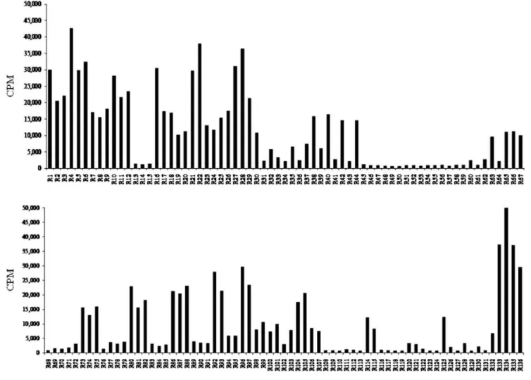 Figure 1. Counts per minute (CPM) levels for 136 peptide substrates. Each peptide substrate was analyzed by the radiolabel assay using [c- 32 P]ATP.