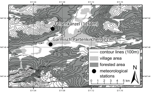 Fig. 2. Elevation, forested area, human settlements and locations of the meteorological stations in the study area.