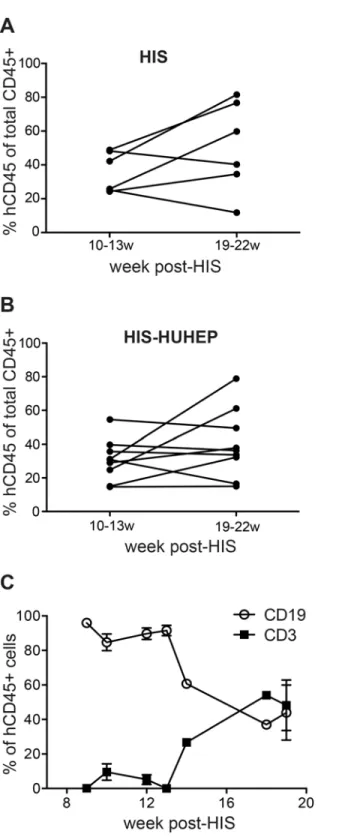 Fig 2. Evaluation of circulating human hematopoietic cells in HIS and HIS-HUHEP mice. Frequency of human leukocytes (hCD45 + ) measured by FACS in the blood of (a) HIS and (B) HIS-HUHEP mice at early (10 – 13w) and late (19 – 22w) time points post-hematopo