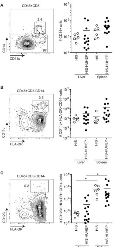 Fig 4. Characterization of human myeloid cells in HIS and HIS-HUHEP mice. Representative FACS contour plots of liver-isolated cells from HIS-HUHEP mice are shown for each cell subset with the parental gating strategy indicated above the plot