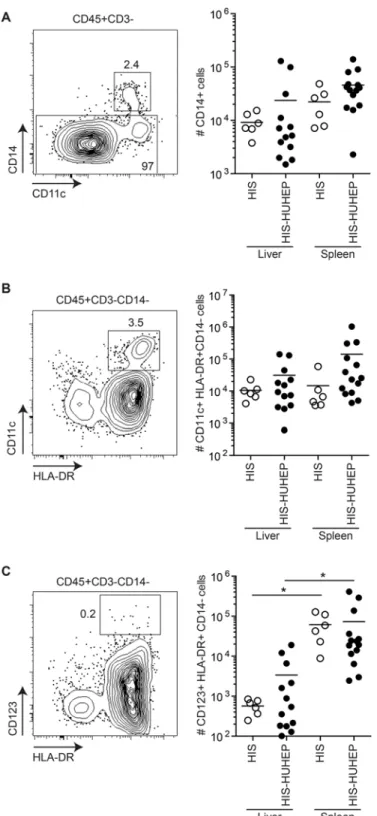 Fig 4. Characterization of human myeloid cells in HIS and HIS-HUHEP mice. Representative FACS contour plots of liver-isolated cells from HIS-HUHEP mice are shown for each cell subset with the parental gating strategy indicated above the plot