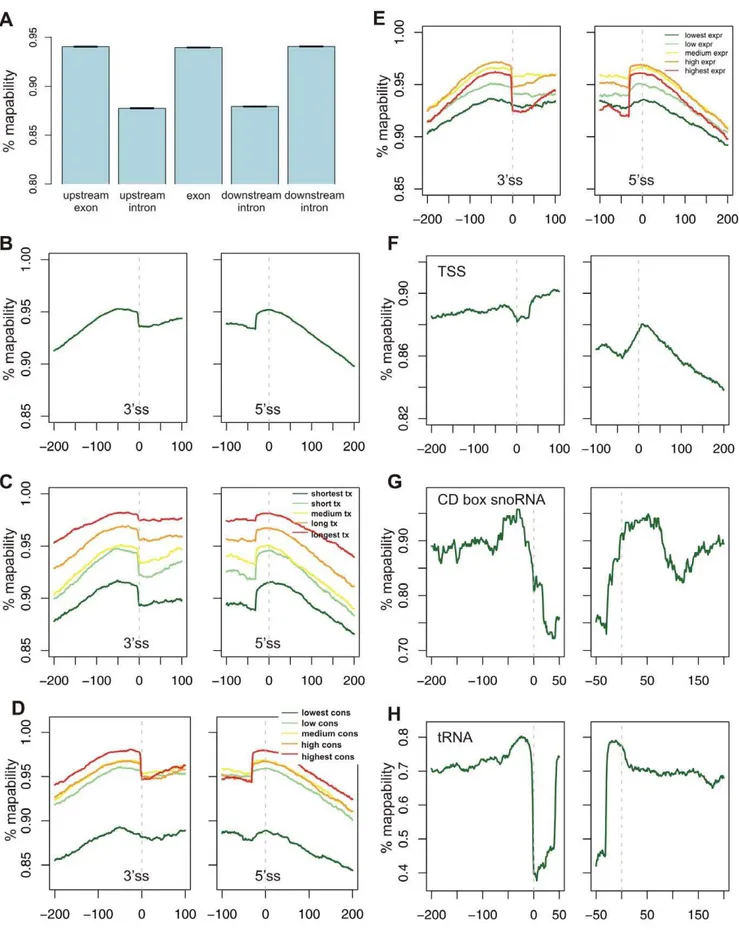 Figure 2. Mappability within genomic regions. (A) Mean mappability density values within internal exons and within the exons and introns flanking them