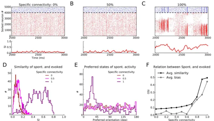 Fig 3. Spontaneous activity patterns. (A – C) Raster plot of spontaneous activity for networks with different degrees of specific connectivity