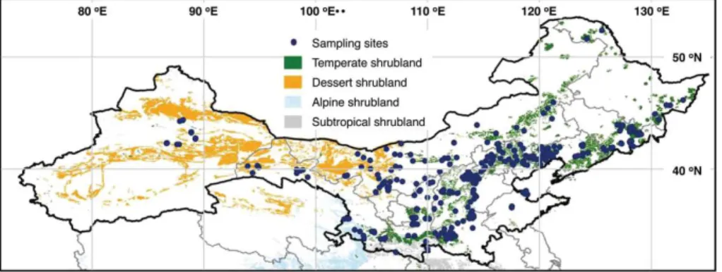 Figure 1. Locations of the sampling sites based on shrublands in northern China.
