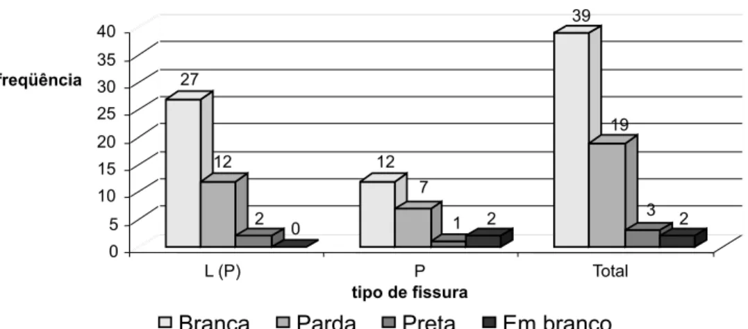 Figura 1 – Distribuição entre raça/cor e tipo de fissura Figure 1 – Distribution by race/skin color and type of oral cleft