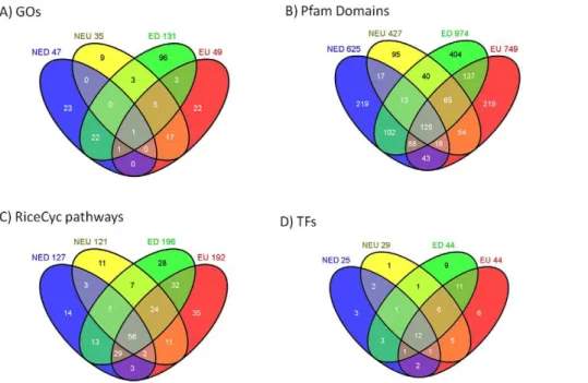 Figure 3. Four way venn diagrams depicting overlap of different characteristics between the clusters NED, NEU, ED and EU