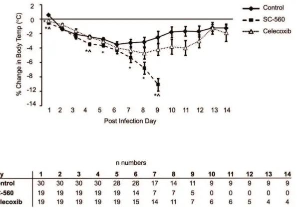 Figure 2. Time course of body temperature changes following influenza A viral infection in control, SC-560 and celecoxib treatment groups