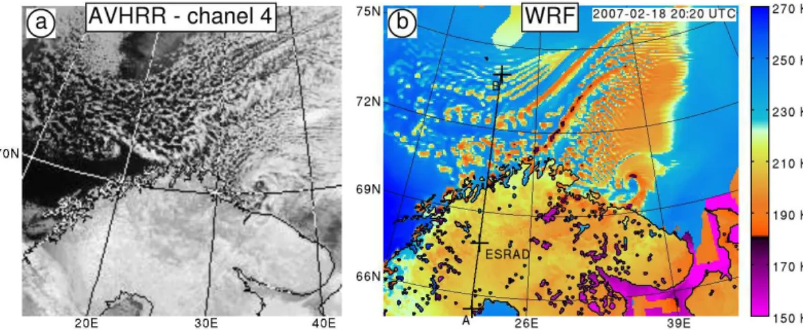 Fig. 2. (a) Advanced Very High Resolution Radiometer (AVHRR) image taken by the polar orbiting NOAA-17 satellite in the thermal infra- infra-red (10.3–11.3 µm) channel 4 at 20:14 UTC on 8 February 2007 (from http://www.sat.dundee.ac.uk)