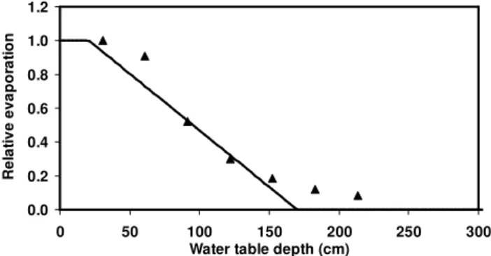 Fig. 4. Relation between relative evaporation and water table depth for a clay soil, simulated with the HYDRUS code (triangles) and approximated with a piecewise linear function.