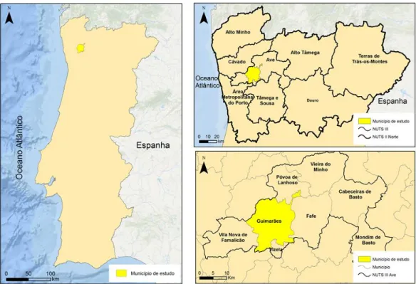 Figura 3 - Localização do município de Guimarães relativamente a Portugal Continental, à região Norte e  aos municípios vizinhos 