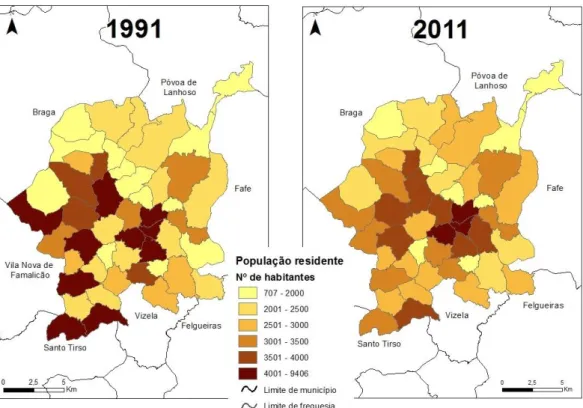 Figura 4 - População residente nas freguesias do município de Guimarães em 1991 e 2011 