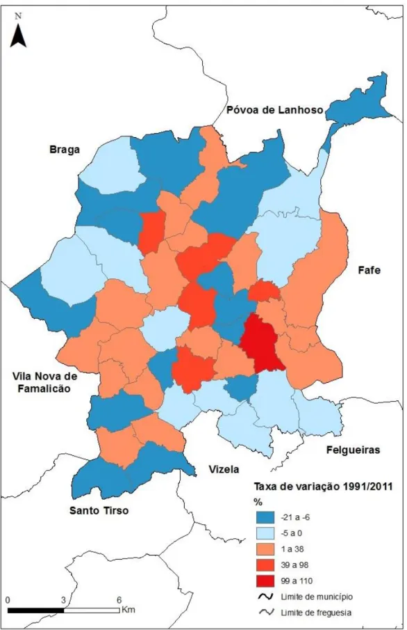 Figura 5 - Taxa de variação da população residente (%) nas freguesias do município de Guimarães entre  1991 e 2011