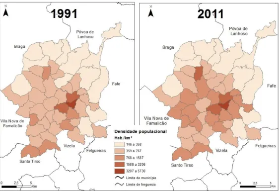 Figura 6 - Densidade populacional (hab./km²) nas freguesias do município de Guimarães em 1991 e 2011