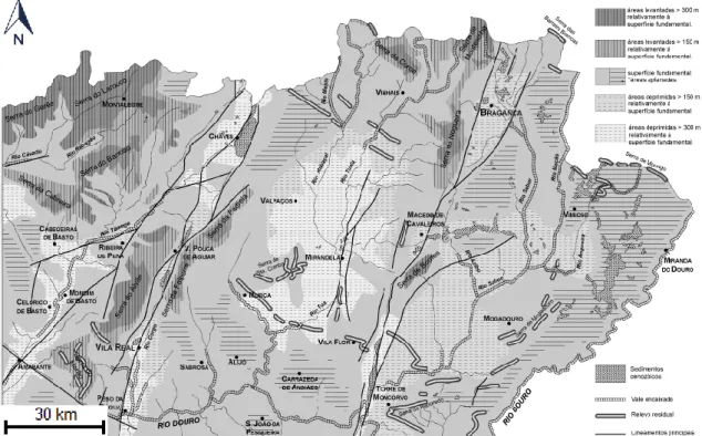Figura 2. Carta geomorfológica do sector NE de Portugal continental extraída da Carta Geológica de Portugal, Escala  1:200.000