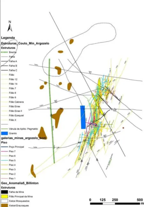Figura  5.  Compilação  de  dados  relativos  aos  programas  de  prospeção  que  foram  desenvolvidos na proximidade e na área central da mina de Argozelo (EDM, 2014-2016)