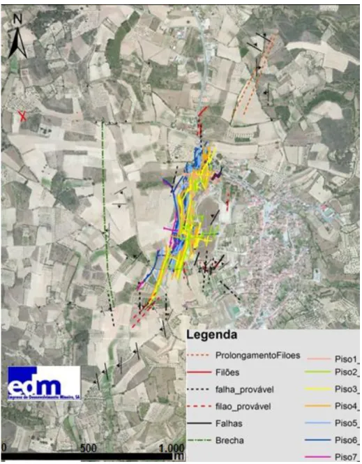 Figura 6. Elementos de cartografia geológica temática na envolvente da mina de Argozelo  lançados sobre imagem de satélite (EDM 2014-2016).