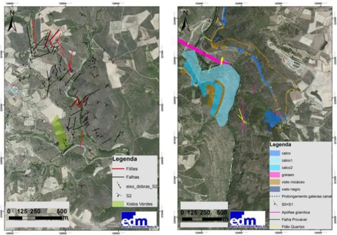 Figura  10.  Reconhecimento  geológico-estrutural  a  direita  o  sector  a  E  da  mina  de  Argozelo  (Ribeira  de  Leitarães)  e  a  esquerda o sector canal do rio Sabor a SE das minas da Ribeira (EDM, 2014-2016).