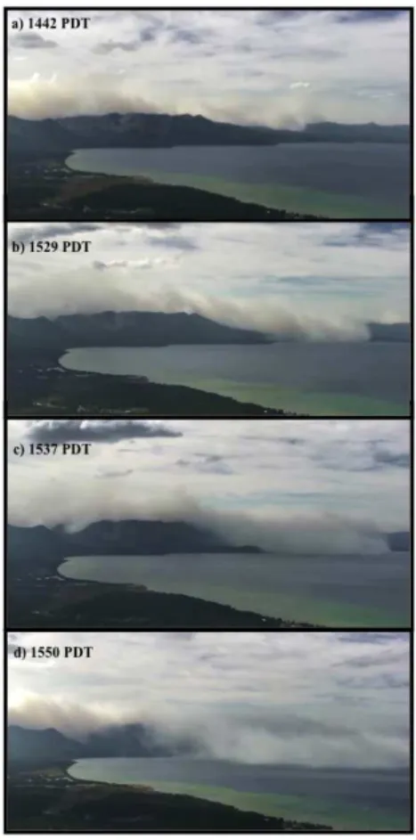 Figure 6. Photographic sequence of a smoke-filled density current originating from the King Fire on 20 September 2014