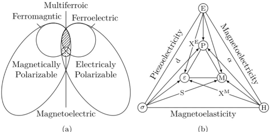 Figure 4: Relationship between multiferroic and magnetoelectric materials. (a) Venn diagram with the relation between multiferroics and  magne-toelectrics, illustrating the requirements to achieve both[32–35]