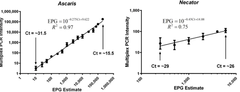 Fig 7. Relationship between EPG and intensity converted PCR Ct-values. Graph shows strong linear relationship (P &lt; 0.001) between sodium nitrate flotation determined EPG and Multiplex PCR Intensity upon universal log10 transformation