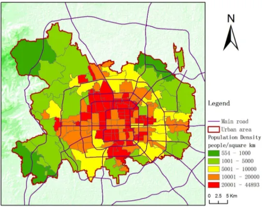 Figure 2. Census geographic unit population densities of Beijing urban area.