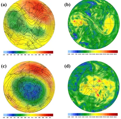 Fig. 2. Panels (b) and (c): absolute temperature (K, colour shaded) and geopotential height (m; black contour lines) at the 50 hPa pressure surface