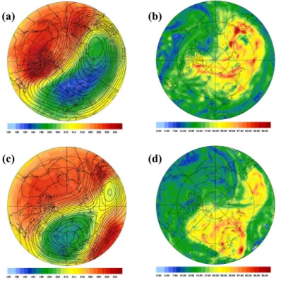 Fig. 3. Panels (b) and (c): absolute temperature (K, colour shaded) and geopotential height (m; black contour lines) at the 50 hPa pressure surface