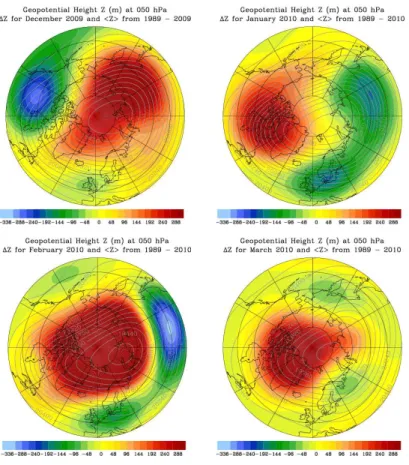 Fig. 7. Anomaly patterns of the geopotential height (m; color shaded) and the monthly mean geopotential height (m; solid lines) at the 50 hPa surface for December 2009, January,  Febru-ary, and March 2010, respectively