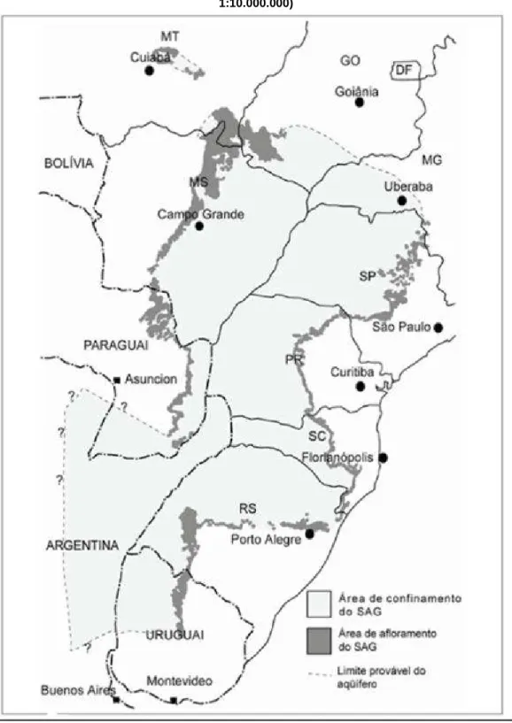 Figura 1 – Área de afloramento do  Sistema  Aquífero Guarani (SAG) (Escala aproximada: 