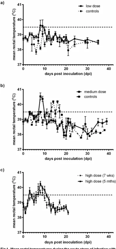 Fig 1. Mean rectal temperatures during the acute stage of infection with low, medium, and high dose BVDV-1