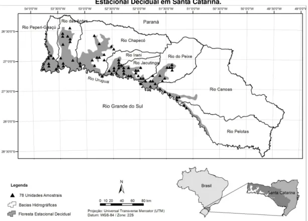 Figura 1 - Gradiente longitudinal, latitudinal e distribuição das unidades amostrais para a Floresta  Estacional Decidual em Santa Catarina
