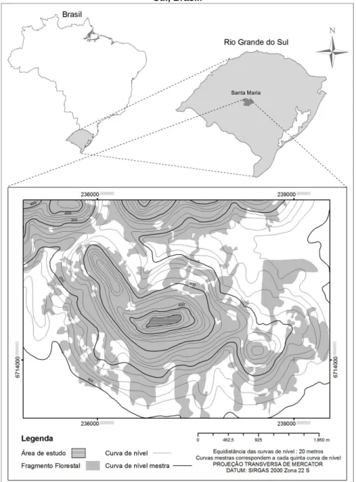 Figura 1 – Mapa com a localização do fragmento no Morro do Elefante, Santa Maria, Rio Grande do  Sul, Brasil