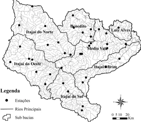Figura 3 - Localização das estações pluviométricas nas sub-bacias da Bacia do rio Itajaí