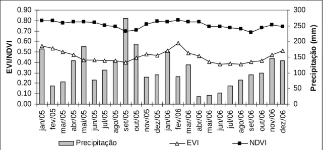 Figura 6 - Variação de NDVI/EVI e precipitação mensal para a bacia do rio Itajaí. 