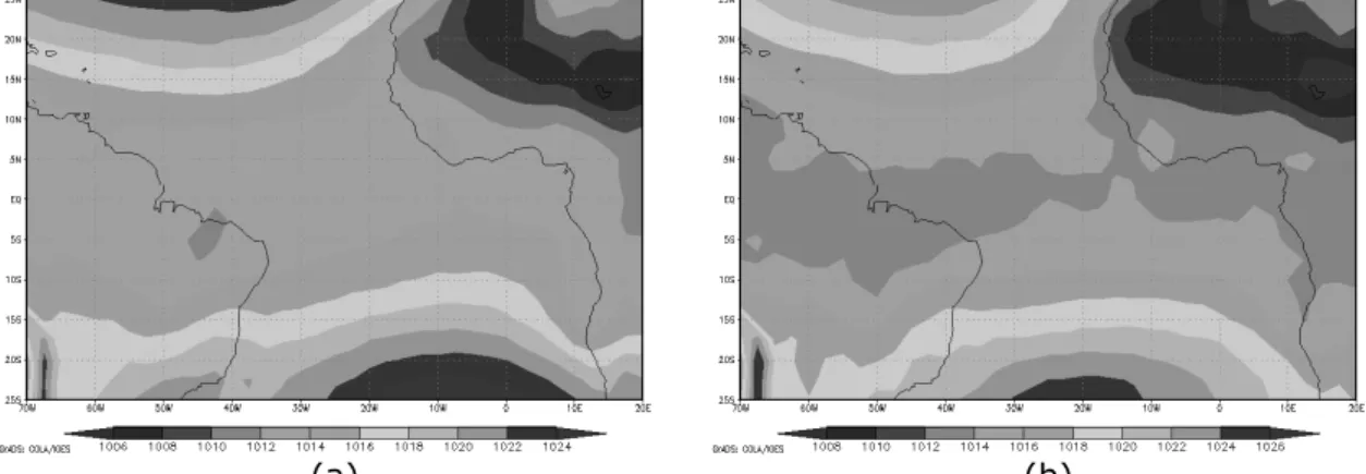 Figura 4 – Campo de pressão reduzida ao nível médio do mar média (hPa) no oceano Atlântico  Tropical: (a) quarta semana de junho de 1994 (atuação da ZCITAS); (b) quarta semana de junho de 