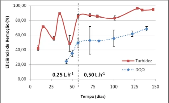 Figura 7 - Evolução temporal da eficiência do RAC na remoção de DQO e de Turbidez. 