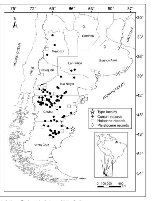 Fig 1. Recording localities for Lestodelphys halli.