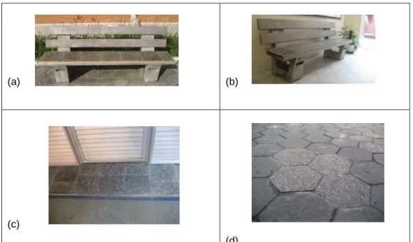 Figura 3 – a) Banco exposto ao intemperismo, b) Banco não exposto ao intemperismo, c) revestimento de piso  exposto ao intemperismo , d) revestimento de piso não exposto ao  intemperismo, e) revestimento de piso não 