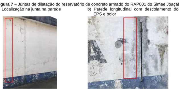 Figura 7 – Juntas de dilatação do reservatório de concreto armado do RAP001 do Simae Joaçaba  a) Localização na junta na parede  b)  Parede  longitudinal  com  descolamento  do 