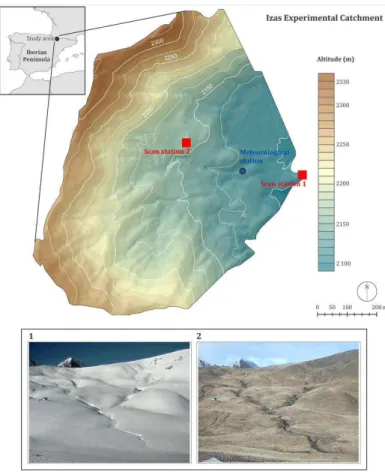 Fig. 1. Location of the Izas experimental catchment, and the digital elevation model showing the positions of the scan stations and the automatic meteorological station