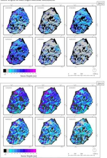 Fig. 3. Spatial distribution of snow depth in the Izas experimental catchment in the surveys undertaken in 2012 and 2013.