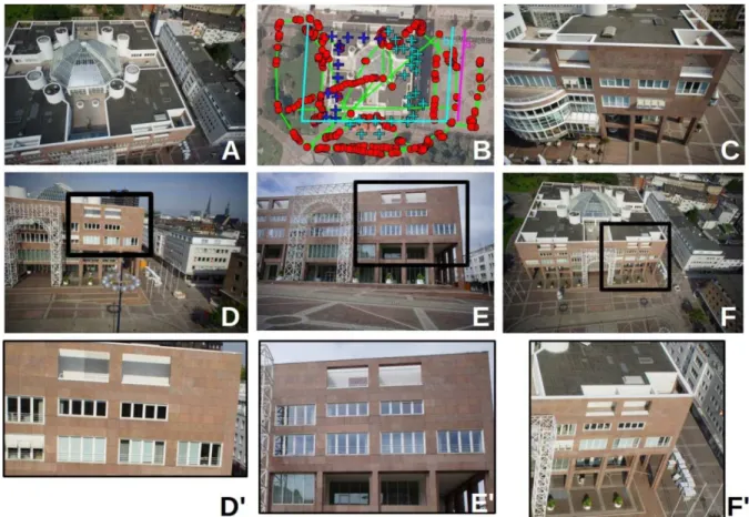 Figure  1:  Overview on benchmark dataset. A,C,D,F: UAV images from different locations and under different angles, B: GPS- GPS-based image position approximations overlaid on google earth view (red dots), GCP/CPs (crosses),  magenta and turquoise lines: 
