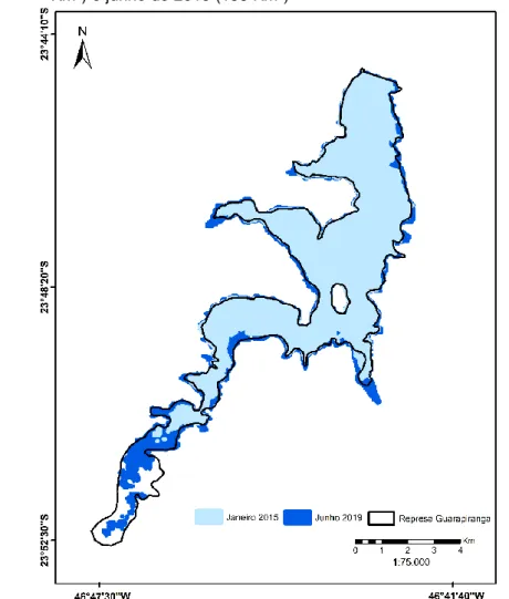 Figura 4 – Sobreposição da área inundada por água nos períodos de janeiro de 2015 (94  Km 2 ) e junho de 2019 (158 Km 2 ) 