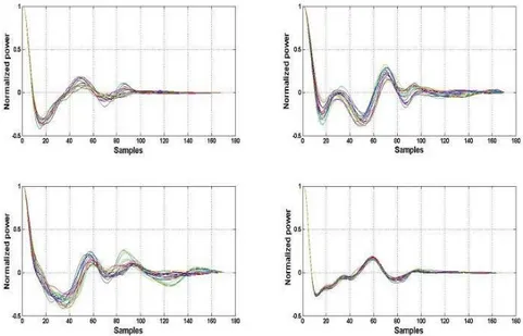 Figure . 6. Normalized autocorrelation of ECG windows from four subjects. Twenty records are available for every subject, recorded at  different times