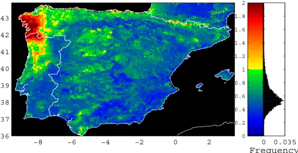 Fig. 2. Spatial patterns of the representativeness of the eddy covariance sites for pixels of the Iberian Peninsula