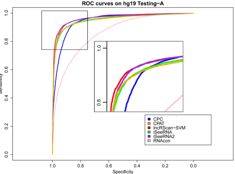 Fig 3. ROC curves of lncRNA prediction on hg19 Testing-A. The prediction performance of CPC, CPAT, lncRScan-SVM, iSeeRNA, iSeeRNA2 and RNAcon on hg19 Testing-A is illustrated by ROC curves with colors of blue, orange, red, green, purple and pink respective