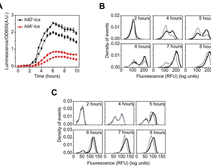 Figure 3. HilC and RtsA amplify SPI1 gene expression. (A) Comparison of time-course dynamics for P hilD (pSS074, black) and P hilA (pSS077, red) promoter activities in wild type (solid lines) and a D hilC D rtsA mutant (CR350, dashed lines) as determined u