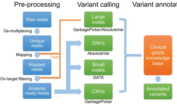 Fig 1. Next-generation sequencing data analysis pipeline. Data analysis occurs in three sequential stages, pre-processing of NGS reads, variant calling, and variant annotation